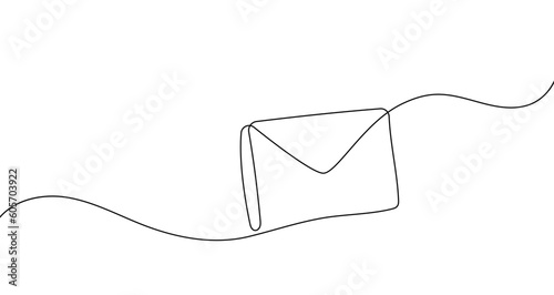 Continuous one line mail envelope letter drowning illustration. Email sketch art post graphic letter message. Newsletter paper send icon. Postal symbol wax drawn outline. Vector illustration.