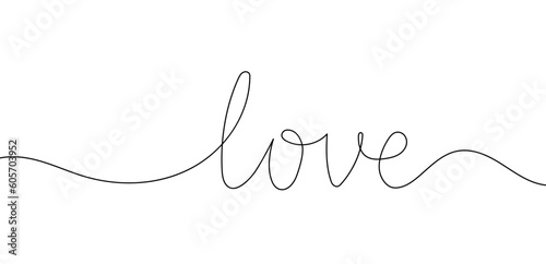 Continuous line drawing word Love for wedding, valentine card background, logo. Calligraphy letter text love word wedding background. Vector illustration love concept.
