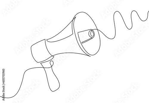 Speaker continuous line megaphone icon illustration sketch media art. Doodle art speaker voice microphone loudspeaker. Megaphone warning announces sound attention symbol. Vector illustration.