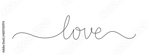 Continuous line drawing word Love for wedding, valentine card background, logo. Calligraphy letter text love word wedding background. Vector illustration love concept.