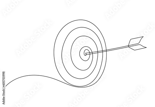 Continuous one line illustration: target arrow success strategy business outline. Goal eye competition icon sport single sketch. Focus concept success challenge archery bullseye. Vector illustration.