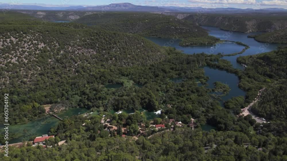Aerial panoramic drone view of Cascades and beautiful Skradinski Buk Waterfall in Krka National Park, Sibenik-Knee Region, Dalmatia Aerial panoramic drone view of Cascades and beautiful Skradinski Buk Waterfall in Krka National Park, Sibenik-Knee Region, Dalmatia