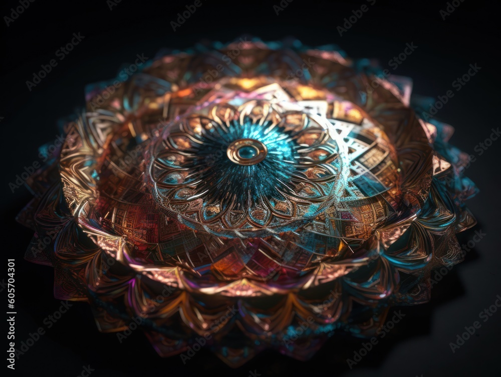 Mandala made by Quartz on a black background. Sacred geometry. Mysterious psychedelic relaxation pattern. Fractal abstract texture. Created with Generative AI technology.