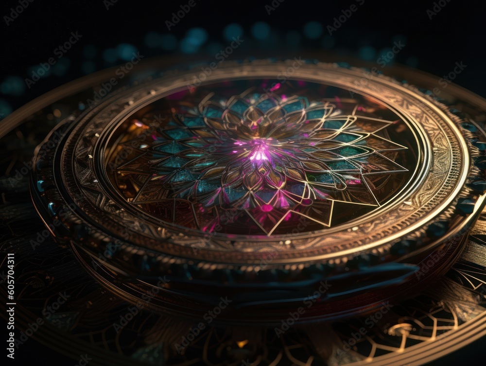 Mandala made by Quartz on a black background. Sacred geometry. Mysterious psychedelic relaxation pattern. Fractal abstract texture. 