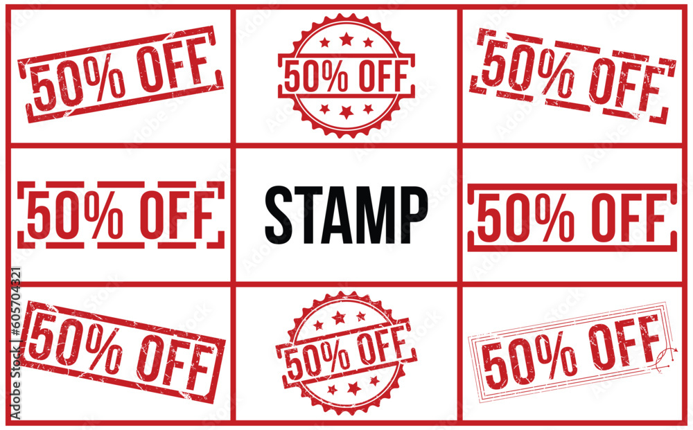 50% Off Red Rubber Stamp set vector design. 50% Off Red Rubber Stamp set vector design.