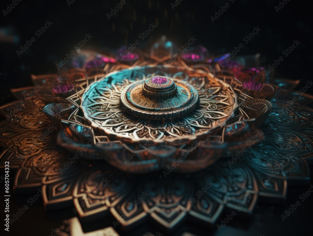 Mandala made by Quartz on a black background. Sacred geometry. Mysterious psychedelic relaxation pattern. Fractal abstract texture. Mandala made by Quartz on a black background. Sacred geometry. Mysterious psychedelic relaxation pattern. Fractal abstract texture.