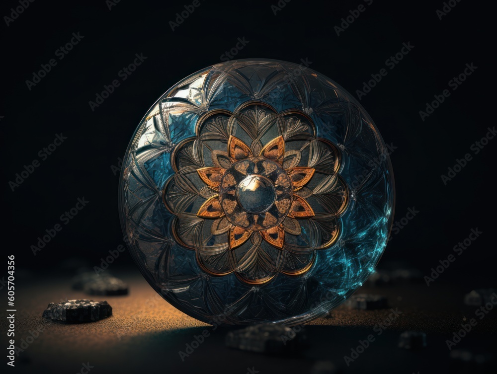 Mandala made by Quartz on a black background. Sacred geometry. Mysterious psychedelic relaxation pattern. Fractal abstract texture. Created with Generative AI technology.