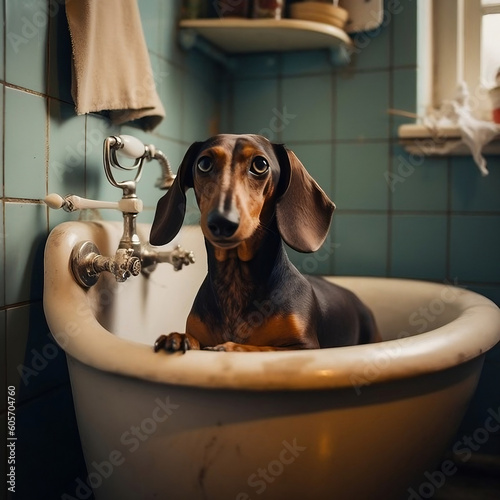 Dachshund dog taking a bath in a sink © Nick
