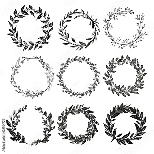 Hand-drawn Vintage Laurel Wreaths in Decorative Round Floral Frames. Explore the intricate charm of these artistic floral frames, carefully crafted with vintage-inspired laurel wreaths.