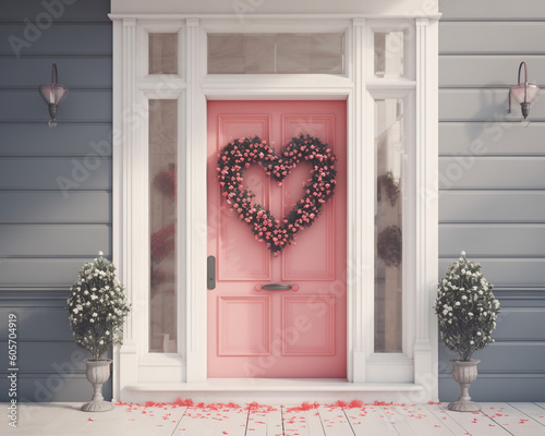 House front door with decorative Valentines Day element ai generative