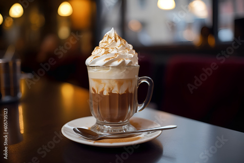 Hot Viennese coffee in glass cup with whipped cream in cafe. Close up. Generative AI. photo