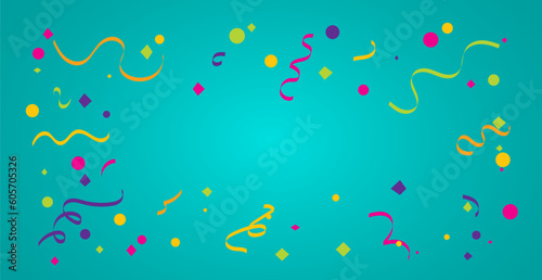 Colorful Confetti And Ribbon Falling On Blue Background. Vector Illustration