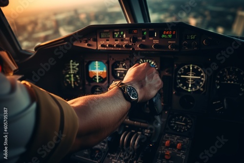 Close shot of hands of airplane pilot maneuvering the controls. Generative AI