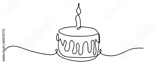 Birthday cake in continuous line art drawing style. Traditional birthday cake with candle on the top minimalist black linear sketch isolated on white background. Vector illustration
