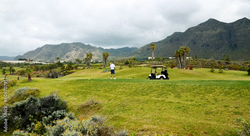 Golf course in Buenavista del Norte,Tenerife,Canary Islands,Spain.Summer vacation or travel concept.Selective focus.
