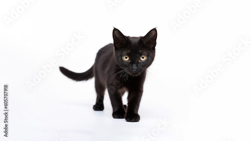 Frisky black kitty cat post on white background with copyspace (Generative AI)