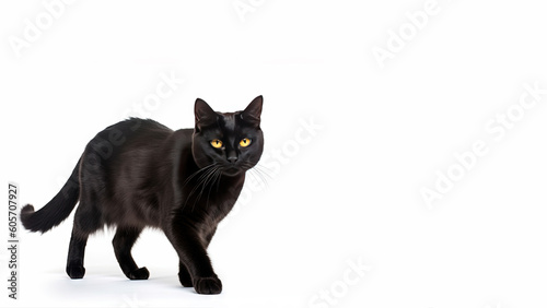 Frisky black kitty cat post on white background with copyspace (Generative AI)