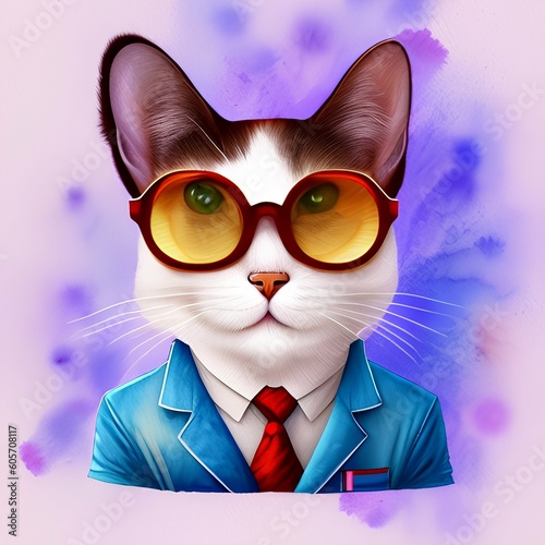 Cat in stylish clothes and glasses in a watercolor style on a white background , Cartoon cat scientist. Stylish smart cat character. - generative ai