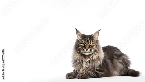 Main coon cat post on white background with copyspace (Generative AI)