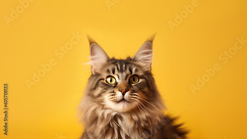 Main coon cat post on yellow background with copyspace (Generative AI) © Warm Right
