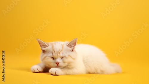 Munchkin cat post on yellow background with copyspace (Generative AI)