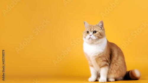 Munchkin cat post on yellow background with copyspace (Generative AI)