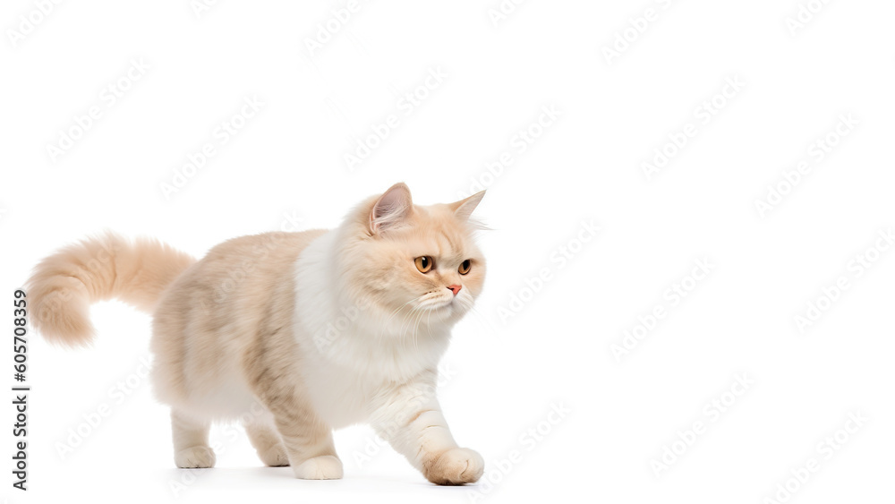 Main coon cat post on white background with copyspace (Generative AI)