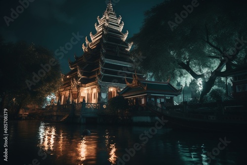 Temple by river at night. Generative AI
