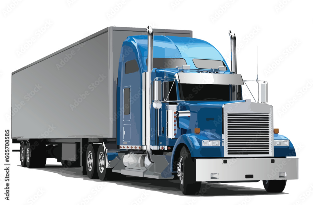 America semi truck American trailer haul 3d highway art paint silver blue chrome powerful engine lorry art cartoon element design vector modern template realistic draw isolated white background America semi truck American trailer haul 3d highway art paint silver blue chrome powerful engine lorry art cartoon element design vector modern template realistic draw isolated white background