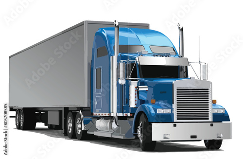 America semi truck American trailer haul 3d highway art paint silver blue chrome powerful engine lorry art cartoon element design vector modern template realistic draw isolated white background photo
