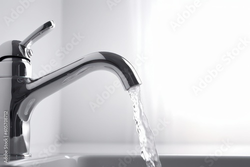 Water pouring from the tap into the sink, the concept of saving water. High key, minimalism, AI generated artwork