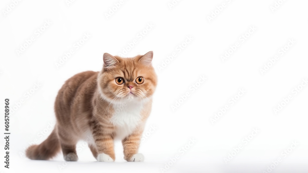 Fototapeta premium Exotic shorthair cat post on white background with copyspace (Generative AI)
