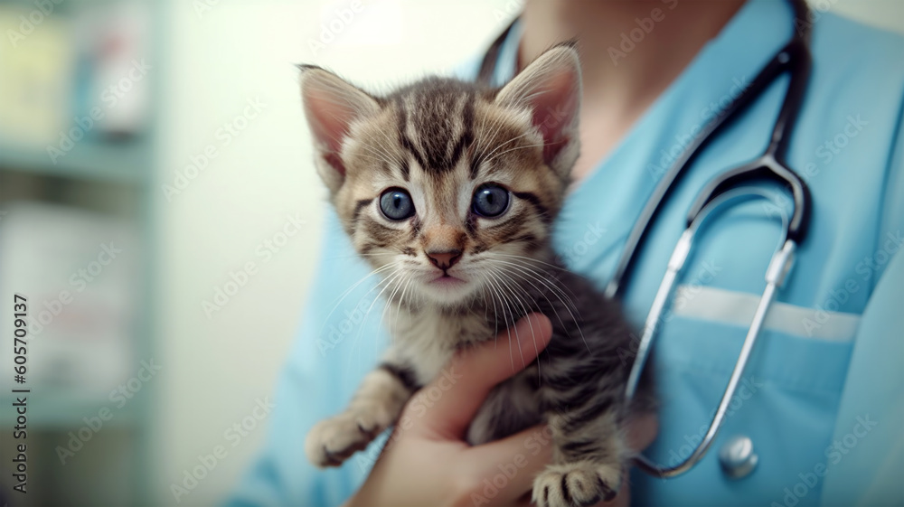 Cat in the hands of a doctor, veterinary clinic, treatment of animals, Generated AI