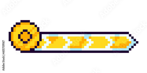 Arcade game progress bar. Pixel progress bar gaming experience for 2D game. 8-bit level indicator of money, gold, coins. Isolated vector illustration.