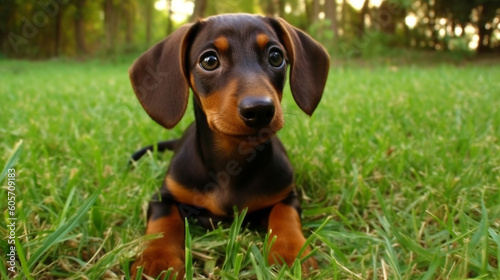 A dachshund puppy laying in the grass