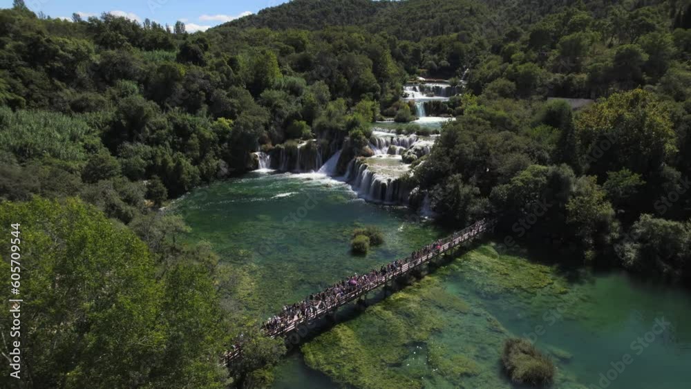 Aerial panoramic drone view of Cascades and beautiful Skradinski Buk Waterfall in Krka National Park, Sibenik-Knee Region, Dalmatia Aerial panoramic drone view of Cascades and beautiful Skradinski Buk Waterfall in Krka National Park, Sibenik-Knee Region, Dalmatia