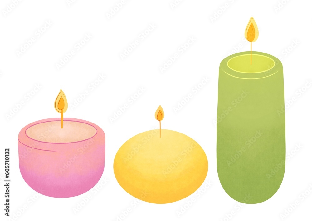 typical scented wax Candles standing close together isolated on white background. Illustration for Spa salon, Cozy home, eco Home design, interior, light concept, meditation