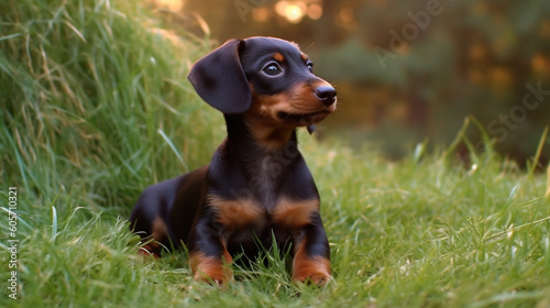 A dachshund puppy laying in the grass © DLC Studio