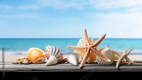 Summer Memories: Seashells on Blue Wood, a Beachy Reminiscence, generative ai © PATTERN & TEXTURES