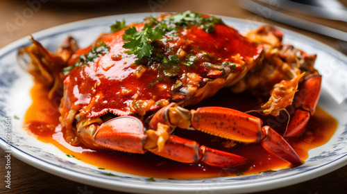 dish of boiled crab in tomato sauce on a white plate ,generative ai