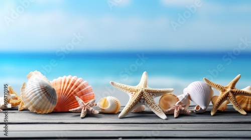 Summer Memories: Seashells on Blue Wood, a Beachy Reminiscence, generative ai