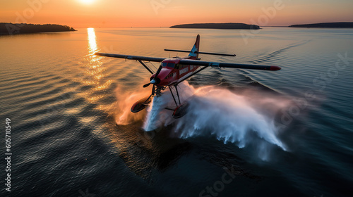 Hydrant plane recharging water in lake. photo