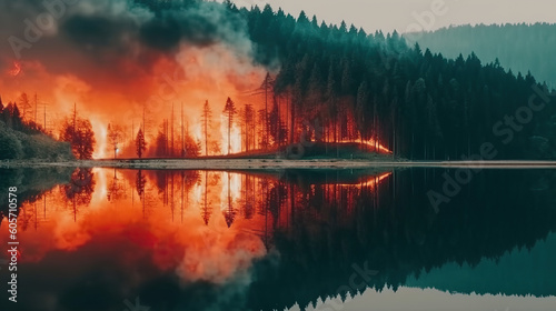Forest fire in front of lake where the fire is reflected.