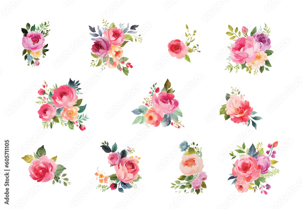 custom made wallpaper toronto digitalSet of floral branch. Flower pink rose, green leaves. Wedding concept with flowers. Floral poster, invite. Vector arrangements for greeting card or invitation design