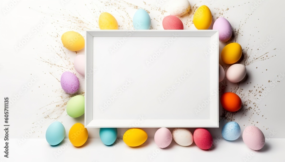 Colorful Easter Eggs with white frame copy space , Generative Ai