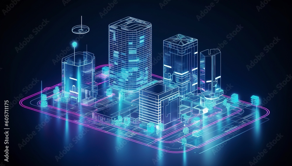 Development architecture computer systems of a smart building. Design modern building construction with ai controls. Project smart house construction with artificial intelligence, generate ai - obrazy, fototapety, plakaty 