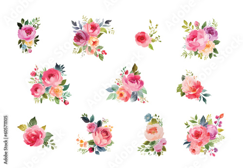 Wallpaper Mural Set of floral branch. Flower pink rose, green leaves. Wedding concept with flowers. Floral poster, invite. Vector arrangements for greeting card or invitation design Torontodigital.ca