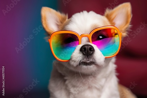 Cute puppy with colorful sunglasses , symbolic of LGBTQ campaign , Generative Ai © MdImam