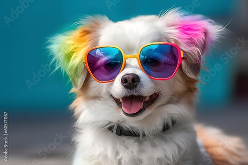 Cute puppy with colorful sunglasses , symbolic of LGBTQ campaign , Generative Ai