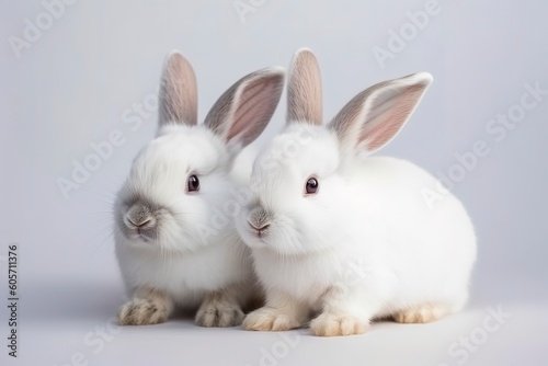 Front view of cute baby rabbits on white background, Little cute rabbits sitting with Lovely action on white, Generative Ai © MdImam